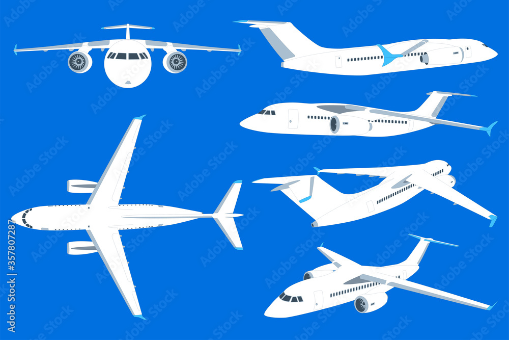 Airplane vector cartoon set isolated on a blue background.