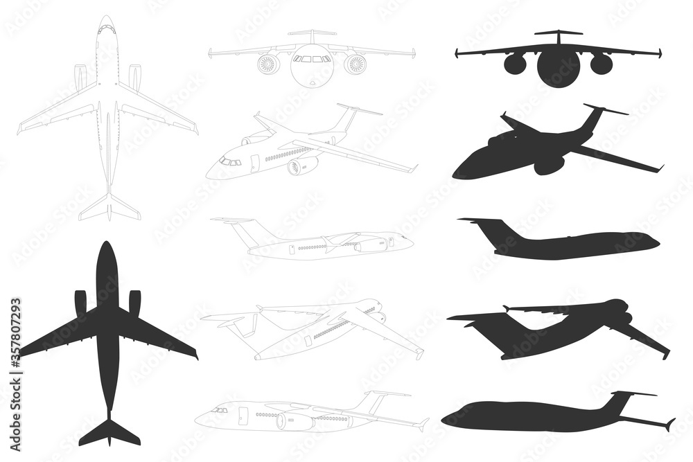 Airplane vector black and line silhouettes set isolated on a white background. Airplane vector black and line silhouettes set isolated on a white background.