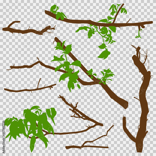 Tree branches with leaves vector cartoon set isolated on a transparent background.