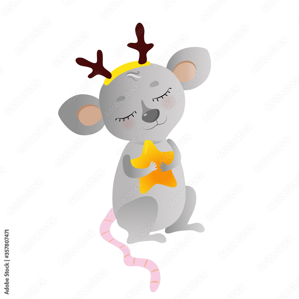 A small charming rat with a rim of deer horns on its head holds an asterisk in its paws. Stock vector illustration isolated on white background. For New Year congratulations. A small charming rat with a rim of deer horns on its head holds an asterisk in its paws. Stock vector illustration isolated on white background. For New Year congratulations.