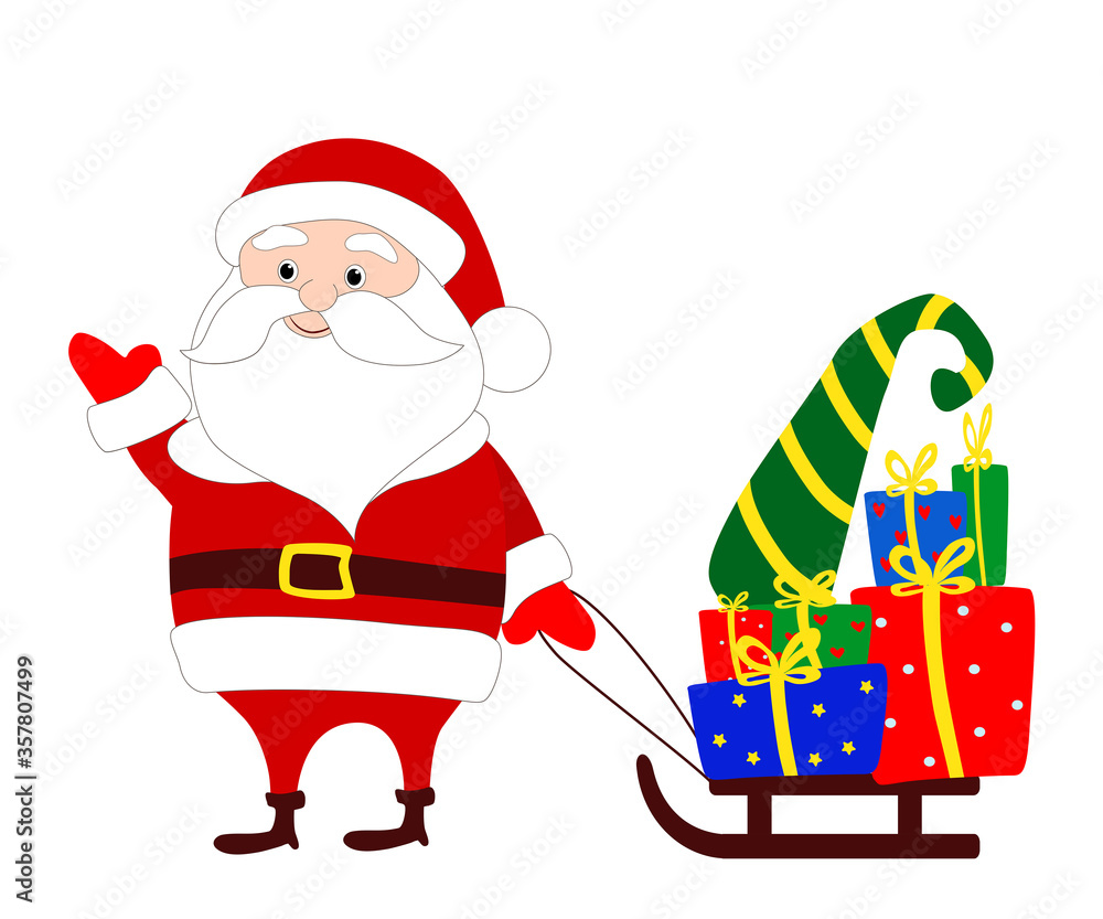Santa Claus carries a lot of gifts on a sled and has a fun wave. Vector stock illustration isolated on white background for Christmas website design, social networks. Santa Claus carries a lot of gifts on a sled and has a fun wave. Vector stock illustration isolated on white background for Christmas website design, social networks.
