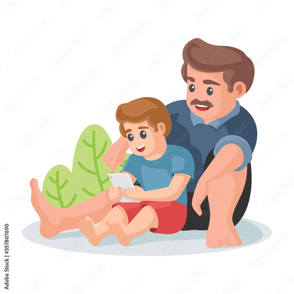 Happy father's day. family pastime concept. Father and son watching video on hand phones gadget. a boy on front of his father vector illustration.