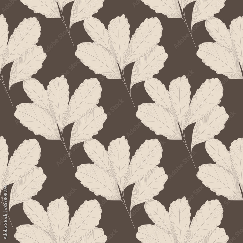 Vintage leaf seamless pattern on dark background. Tree leaves backdrop. Autumn floral wallpaper.