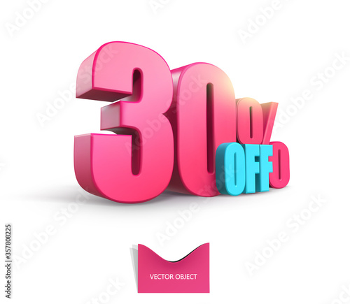 Bright pink, voluminous 3D inscription: 30% OFF, vector on white background. Element for design discounts, design, sales, web.