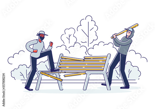 Vandals damaging bench in public park. Bandits in masks and hoods destroy city property