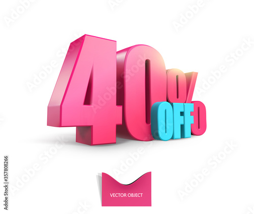 Bright pink, voluminous 3D inscription: 40% OFF, vector on white background. Element for design discounts, design, sales, web.