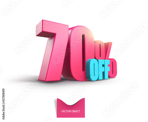 Bright pink, voluminous 3D inscription: 70% OFF, vector on white background. Element for design discounts, design, sales, web.