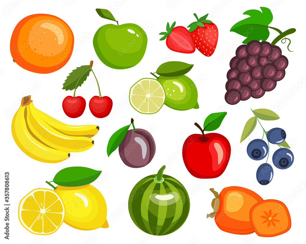 set of fruits, vector graphics in cartoon style isolated on white background. set of fruits, vector graphics in cartoon style isolated on white background.
