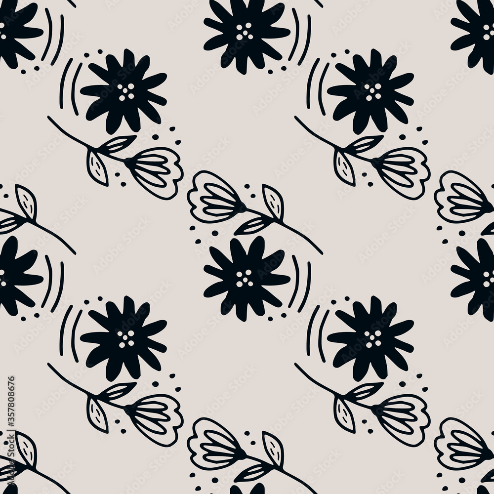 Doodle blue flower seamless pattern in line art style on light background. Abstract floral.