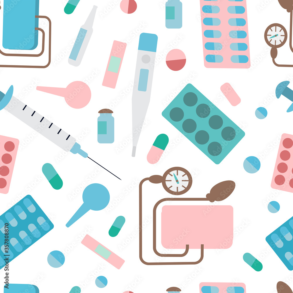 Medical seamless pattern.Medical supplies: pressure measuring device, tablets, pills, thermometer, syringe, enema, ampoules, band-aid isolated on a white background.Flat style vector illustration. Medical seamless pattern.Medical supplies: pressure measuring device, tablets, pills, thermometer, syringe, enema, ampoules, band-aid isolated on a white background.Flat style vector illustration.