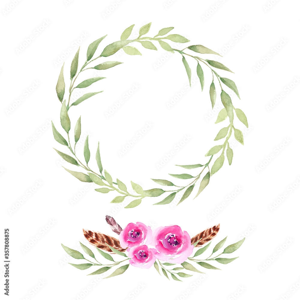 Watercolor boho wreath and bouquet. Vector - obrazy, fototapety, plakaty 