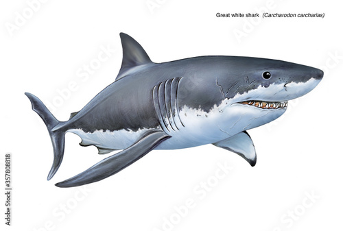 realistic illustration of great white shark  Carcharodon carcharias  on white background. Hand made. realistic