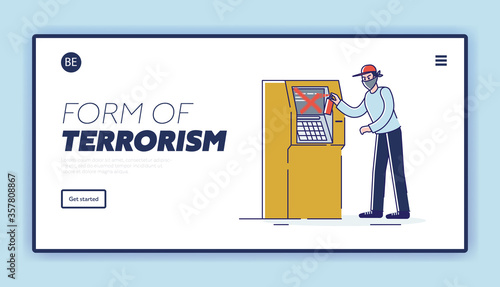 Vandalism landing page design with man in mask painting graffiti on atm machine