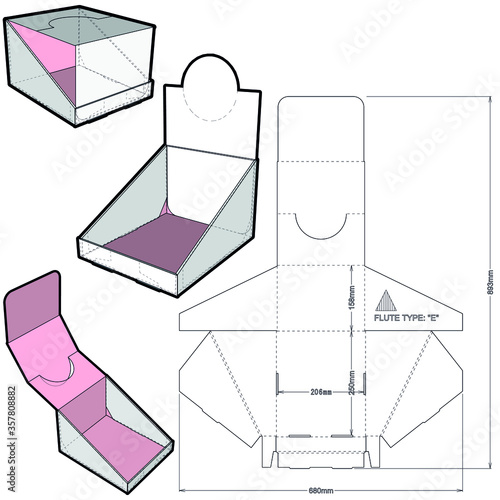 Counter display stand and Die-cut Pattern. The .eps file is full scale and fully functional. Prepared for real cardboard production.
