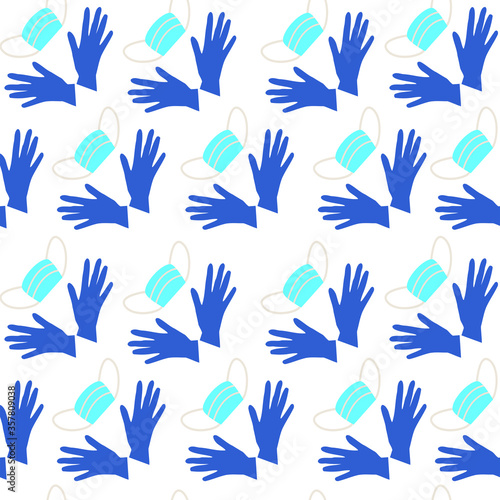 Medical pattern. Seamless pattern of protective masks and nitrile gloves. Accessories for protection against coronavirus.Vector flat illustration isolated on white background. Pharmacy. COVID-2019