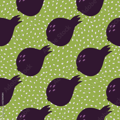 Abstract pomegranate fruit seamless pattern on green background. Garnet fruit wallpaper. Doodle style