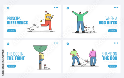 Set of landing pages with dogs attacking human. Aggressive dogs biting and barking on people