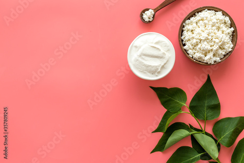 Cottage cheese with cream for breakfast from above space for text