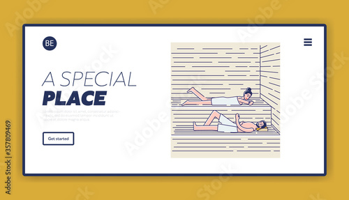 Couple bathing in sauna or banya. Spa resort landing page with cartoon man and woman relax in spa
