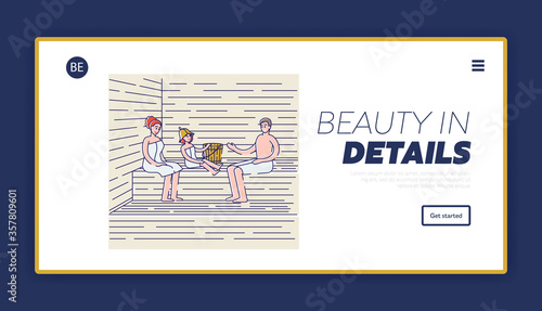 Landing page for spa center with family bathing in sauna. Parents and child enjoy spa procedure