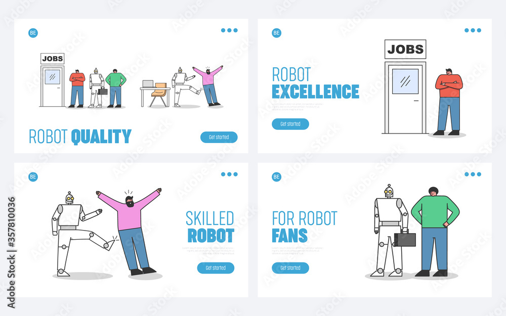 Human vs robots set of landing pages. Robotic automation in office concept Human vs robots set of landing pages. Robotic automation in office concept