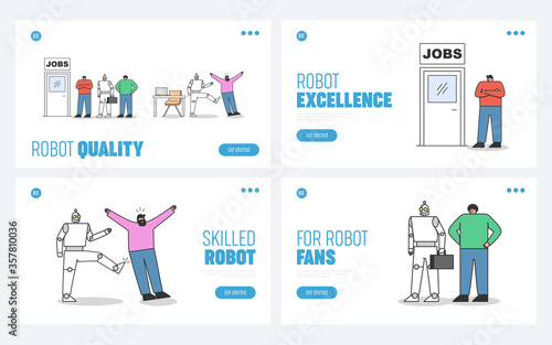 Human vs robots set of landing pages. Robotic automation in office concept