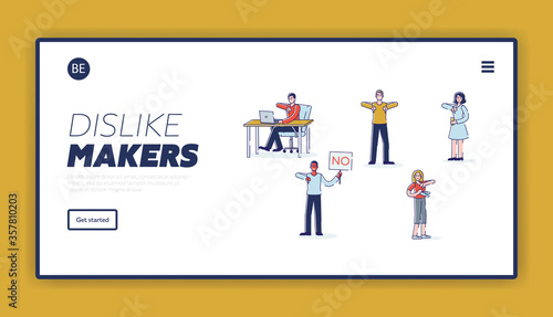 Negative review and feedback landing page with diverse people showing disapproval signs