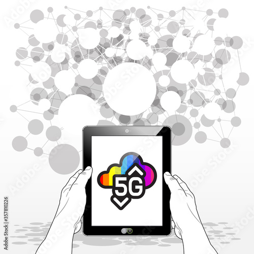 A 5G Data Cloud logo presented on a vertical orientated Tablet PC. The connected network grid is presented in the background. Data is ready to transfer a super high 5G transfer speeds.