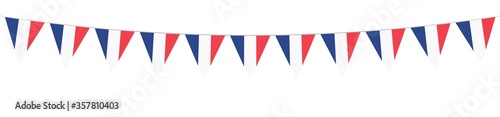French National Holiday. French Flags with stripes and national colors. Tricolor. 14th July. Banner. Garlands. Pennants.
