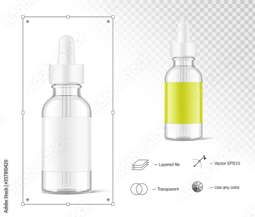 Dropper bottle mockup isolated on white background. Vector illustration. Front view. Сan be used for cosmetic, medical and other needs. EPS10.