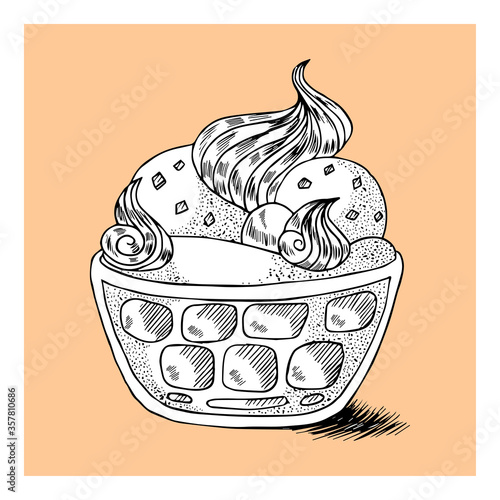 Tiramisu dessert with creamy and chocolate decoration. Outline hand drawn vector illustration for print, cook book, cafe menu, decoration, packaging, bages, stickers, posters. Isolated art.