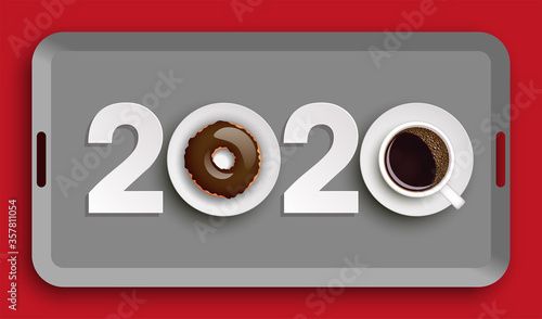 Happy New Year 2020 breakfast coffee & donuts background. Greeting card 2020 cup of coffee & donuts icing flyer. Coffee & donuts of date 2020 year view from above banner. Celebrate breakfast brochure