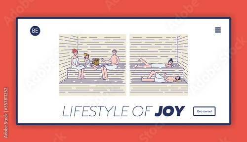 Spa center landing page design with relaxed people in finnish sauna or russian banya enjoy procedure