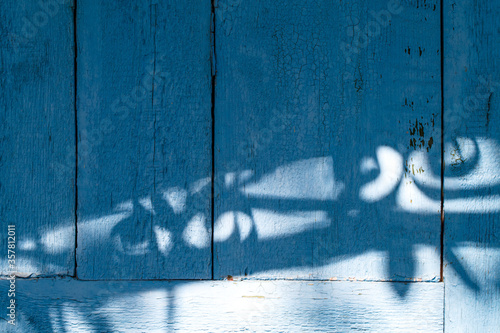 Old cracked blue paint on a wooden door. Beautiful shadow on a wooden wall