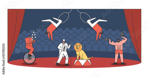Circus arena and performers show. Juggler, tamer with lion, strongman and acrobat making show