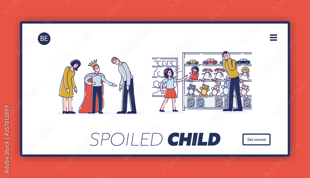 Spoiled child landing page for website. Kids bad manner and tired parents concept