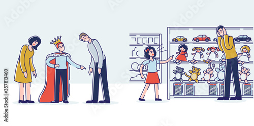Problem kids and tired parents. Spoiled children with mother and fathers