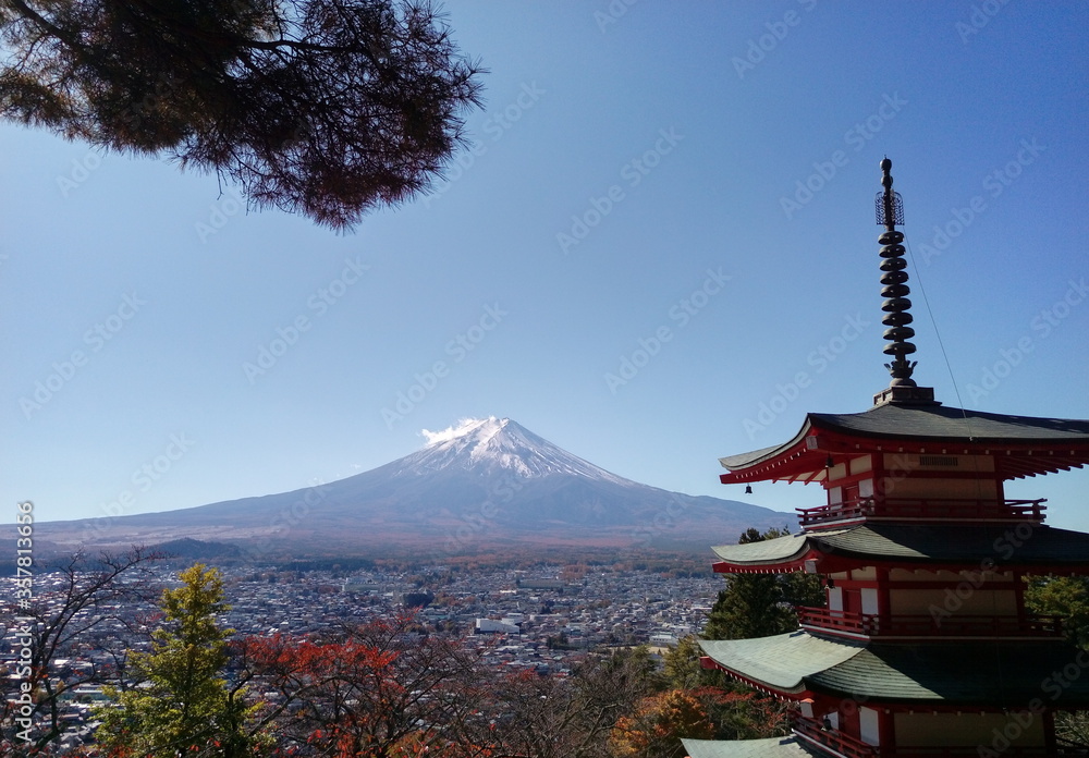 View of Mount Fuji and Chureito Pagoda in Japan in the autumn