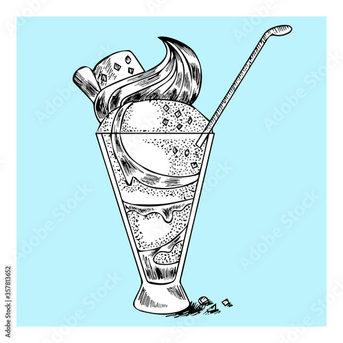 Coctail with ice cream. Sweet delisious dessert with ice cream, jam, cinnamon and chocolate on tall glass. Hand drawn vector illustration for print, cook book, cafe menu, decoration, packaging, bages.