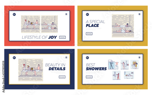 Set of landing pages with people relaxing in sauna or banya enjoy spa procedure