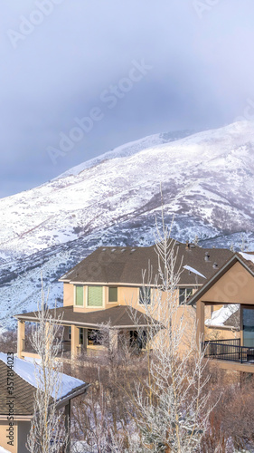 Vertical frame Beautiful mountain homes and snow covered slope of Wasatch Mountains in winter © Jason