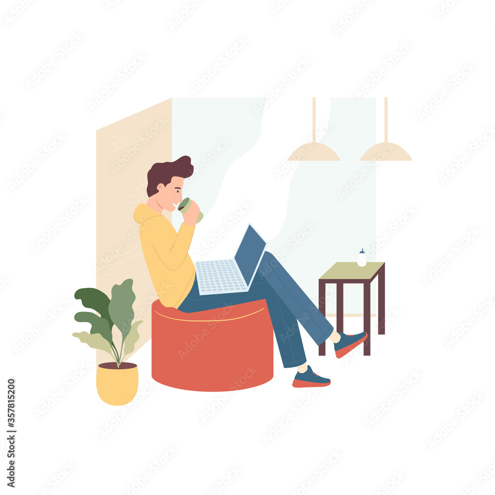 Cafe workplace. Freelance or remote work design concept. Male freelancer working on his laptop and drinking coffee at cafe. vector cartoon illustration Cafe workplace. Freelance or remote work design concept. Male freelancer working on his laptop and drinking coffee at cafe. vector cartoon illustration