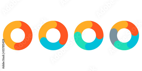 Pie chart set. Circle diagram design. Circular graph with 2, 3, 4, 5 steps for business presentation. Progress wheel infographic template. Vector illustration.