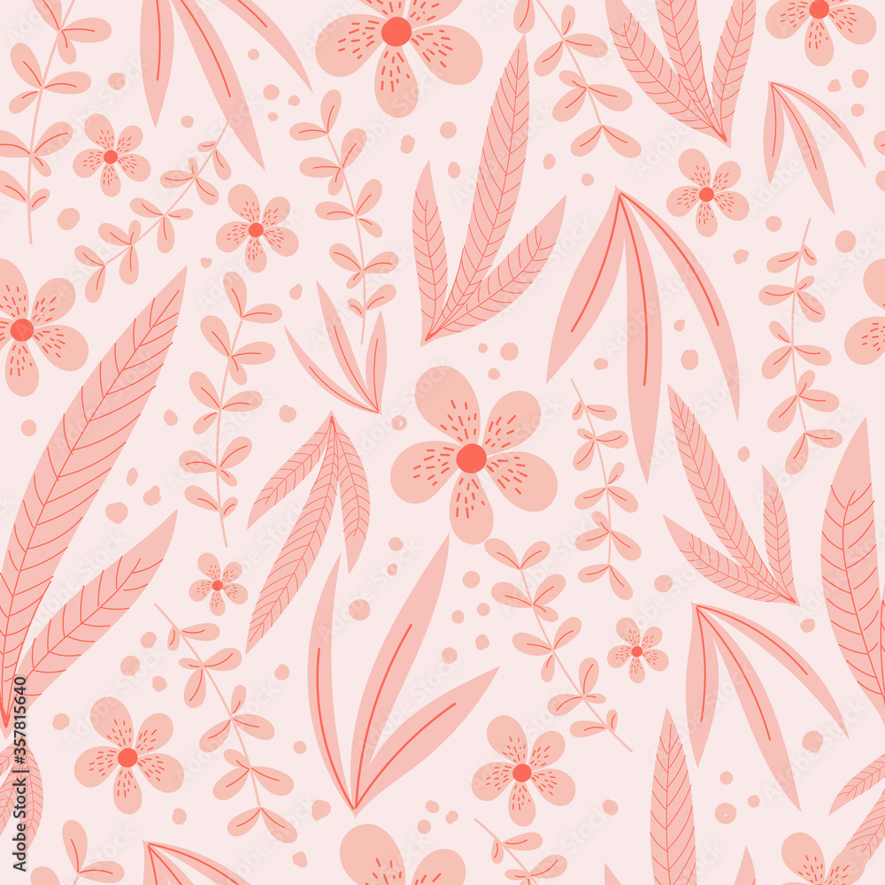 Modern botanical seamless pattern with leaves and flowers. Floral background Modern botanical seamless pattern with leaves and flowers. Floral background