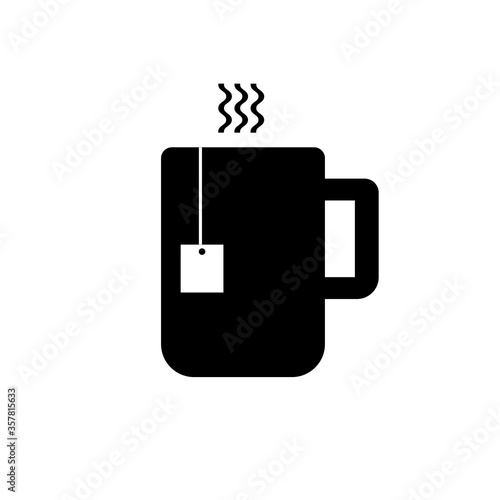 Icon of hot tea in a mug. Tea from a bag. Black and white vector illustration