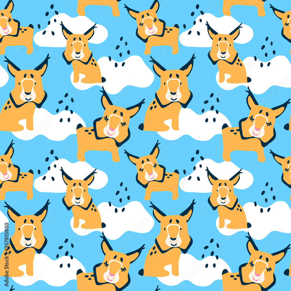  Modern simple illustration for paper clothes on blue seamless pattern. vector wild  animal cute lynx.forest cat cartoon character.