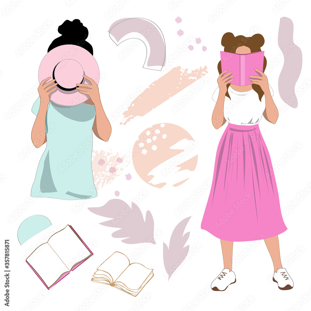 Collection Vector illustration with a beautiful girl reading a book and a girl with a hat on a white background. Fashion trend without a face. Stickers for girls