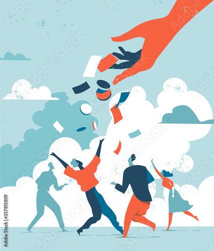 La mano che fa cadere i soldi sopra la gente