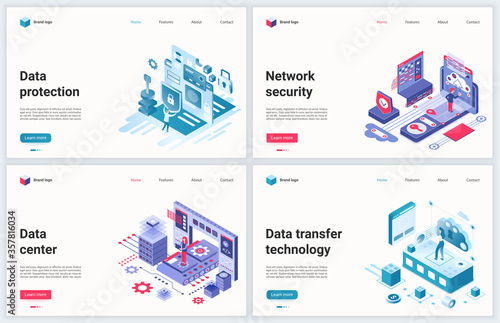 Isometric data protection technology vector illustration. Creative concept banner set, website design with cartoon 3d protecting datacenter software, tech service for internet cyber safety database