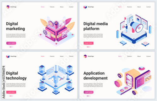 Isometric digital marketing technology vector illustration. Creative modern concept banner set, website design with cartoon 3d social media marketing promotion, digital application development service